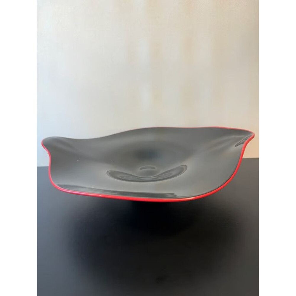 Black Art Glass Pedestal Bowl Red Rim Wavy Centerpiece